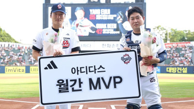 [내야외야] 안방마님 양의지-토종 에이스 곽빈… 두산, 아디다스 7월 MVP 선정
